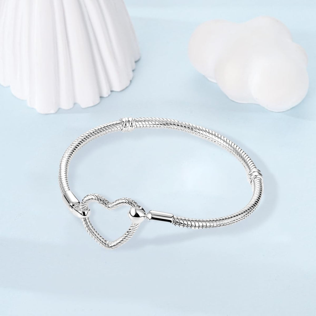 ChenYuTe 925 Sterling Silver Snake Chain Bracelet,Compatible with Pandora Charms Pendant,Heart Shape Bracelet Clasp for Womes Jewellery Gift