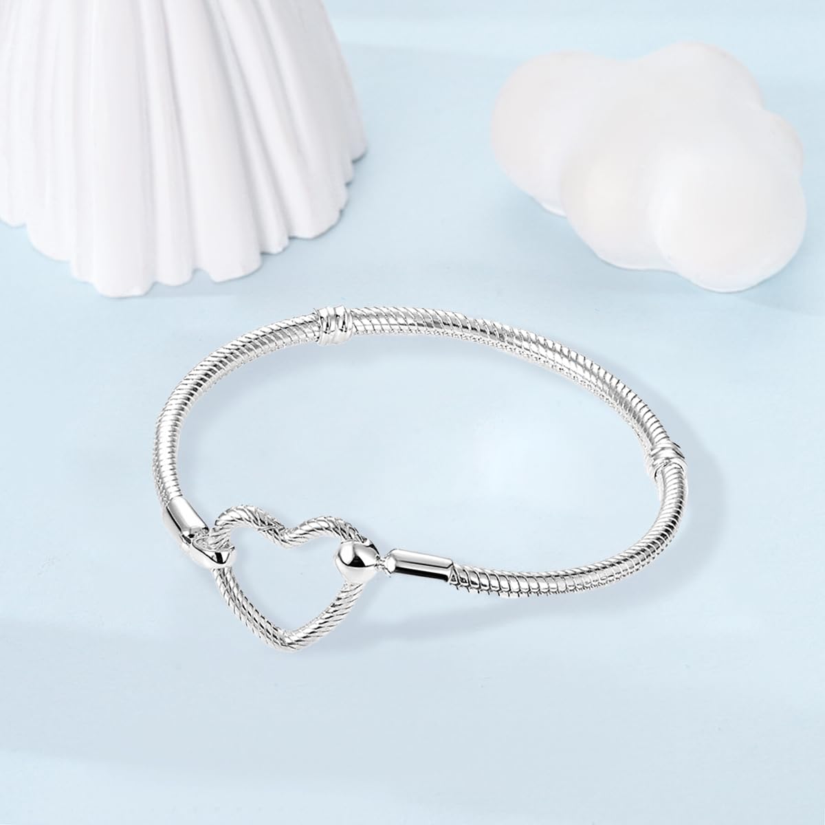 ChenYuTe 925 Sterling Silver Snake Chain Bracelet,Compatible with Pandora Charms Pendant,Heart Shape Bracelet Clasp for Womes Jewellery Gift