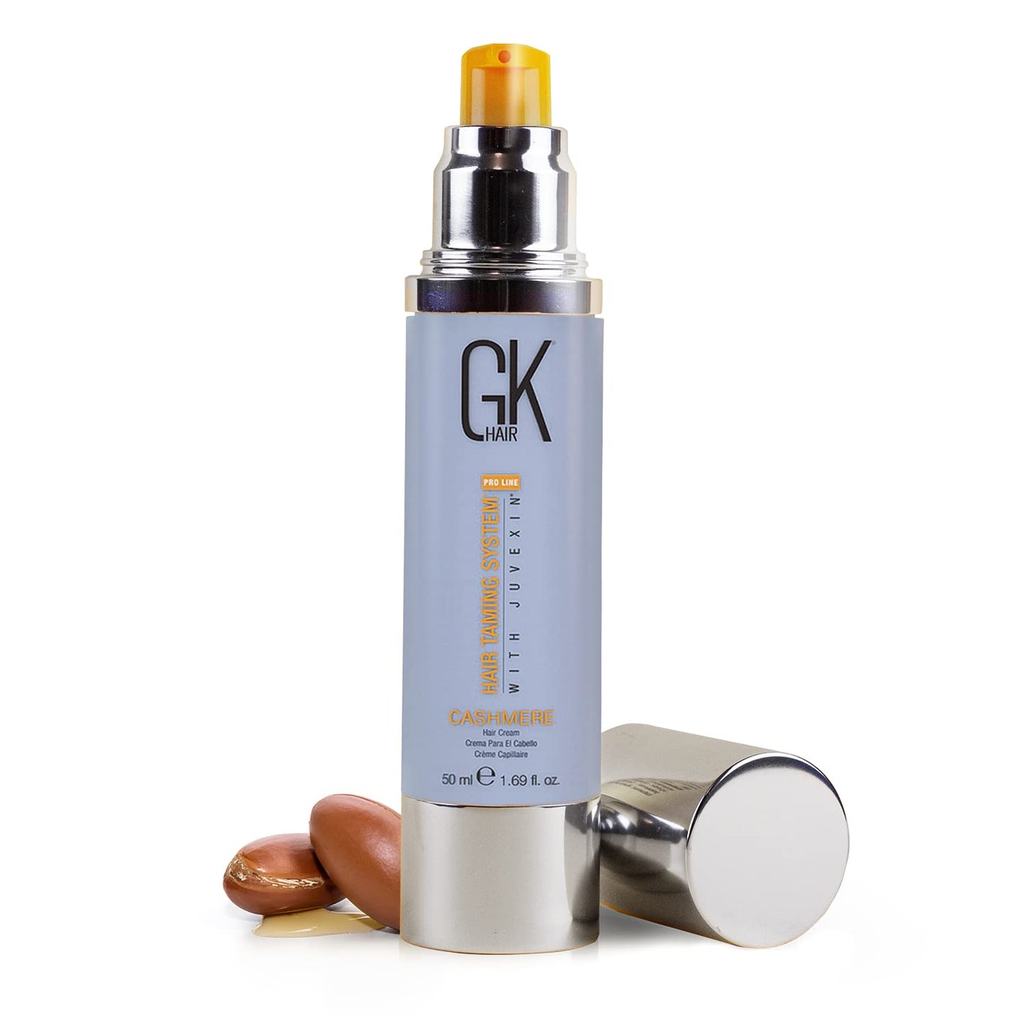 Crème coiffante et lissante sans rinçage GK HAIR Global Keratin Cashmere (50 ml) Huile d'argan pour une brillance lisse et anti-frisottis, hydrate et répare les cheveux secs, abîmés et difficiles à coiffer
