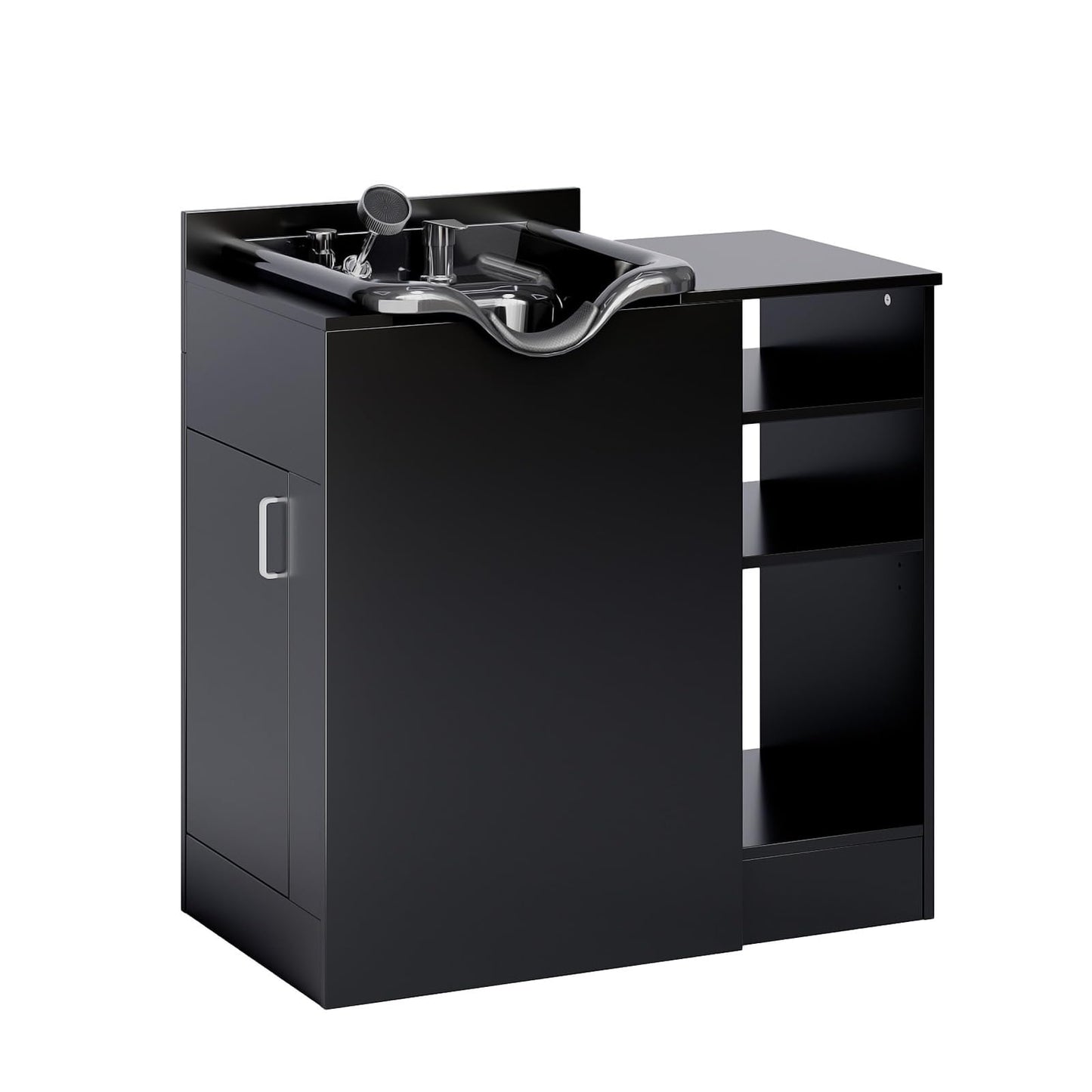Dark Slate Gray OmySalon Salon Station, Barber Station for Hair Stylist, Storage Cabinet with Shampoo Bowl, Drawer, Backwash Sink, UPC Certified Sprayer Faucet, for Beauty Salon Spa, Black