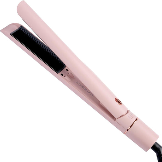Rozamor Hair Straightener and Curler 2-in-1, Pink Titanium Flat Iron,1 Inch Anti-Scald Styler Infrared Negative Ions, Long-Lasting Hairstyles, Dual Voltage
