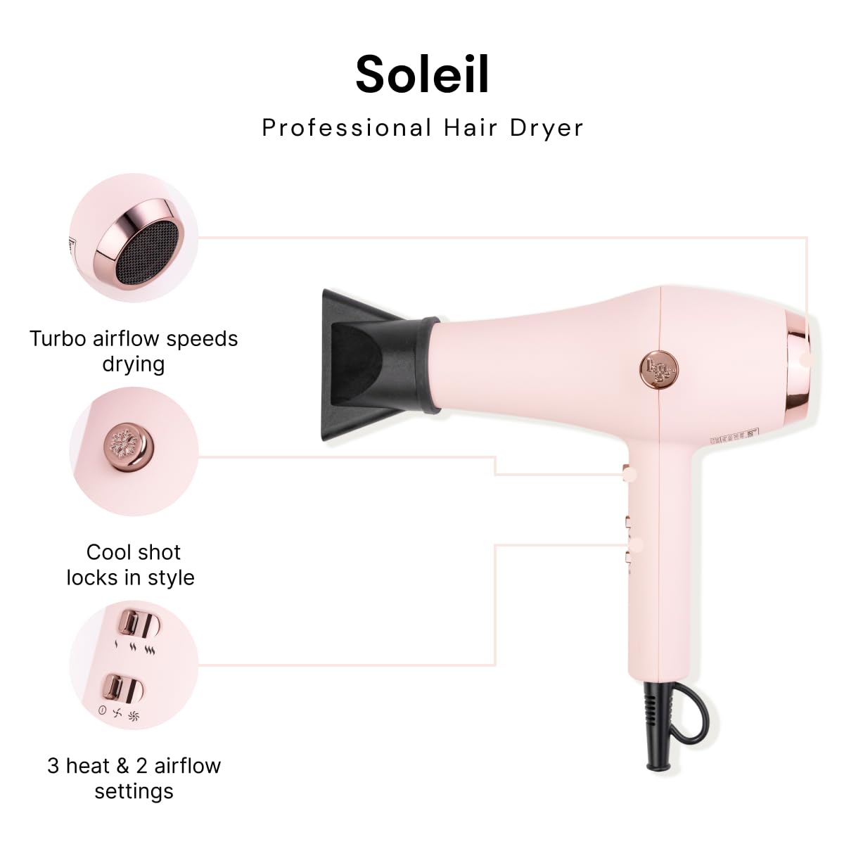 Sèche-cheveux professionnel L'ANGE HAIR Soleil | 3 réglages de chaleur et 2 réglages de flux d'air | Air froid pour une coiffure impeccable | Cordon professionnel | Cheveux légers et lissés (Blush)