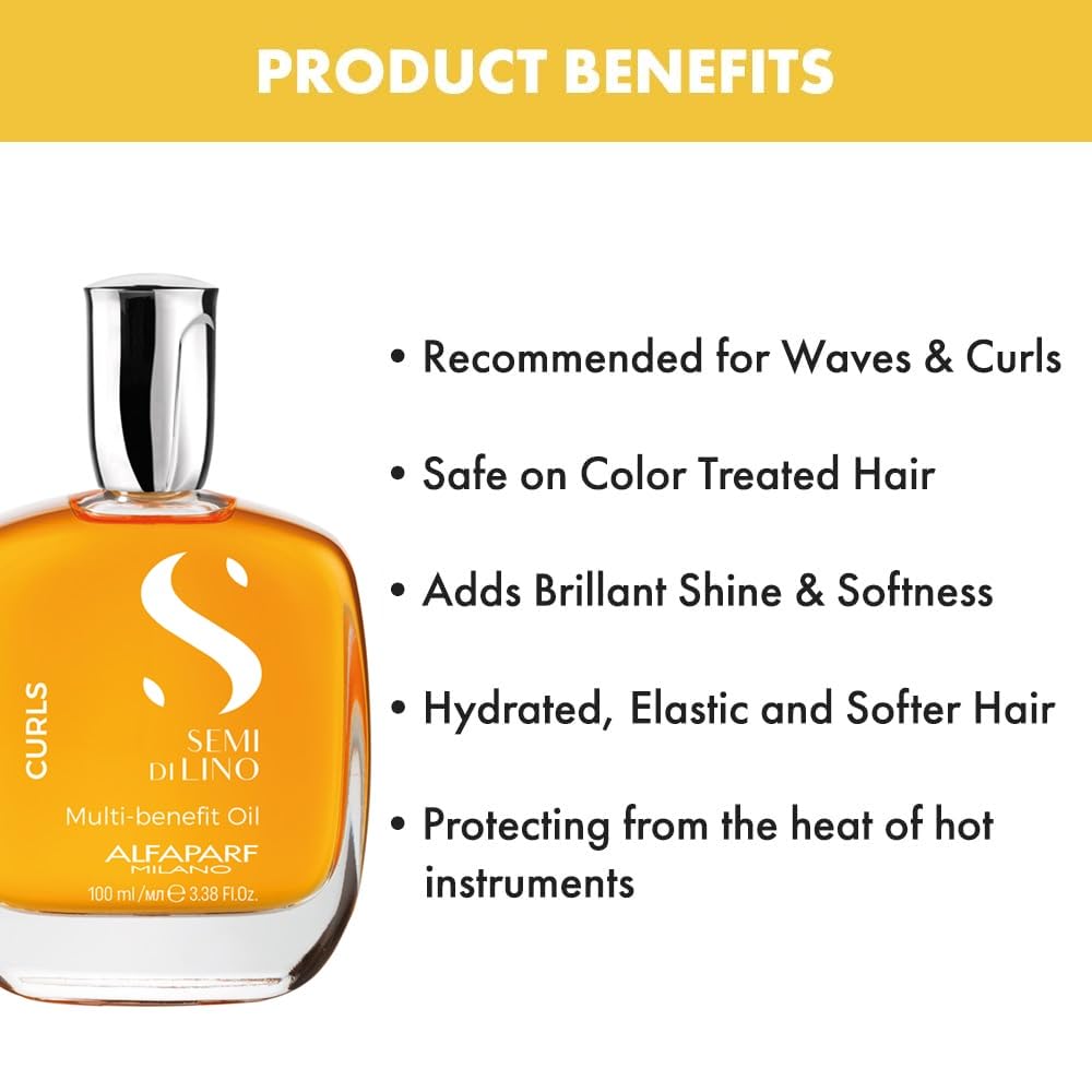 Alfaparf Milano Semi Di Lino Curls Multi-Benefit Hair Oil - Curl Definer, Humidity Shield & Hair Strengthening Oil for Curly Hair - Redefines Hair Shine - Healthy, Vegan Hair Care (3.38 oz)