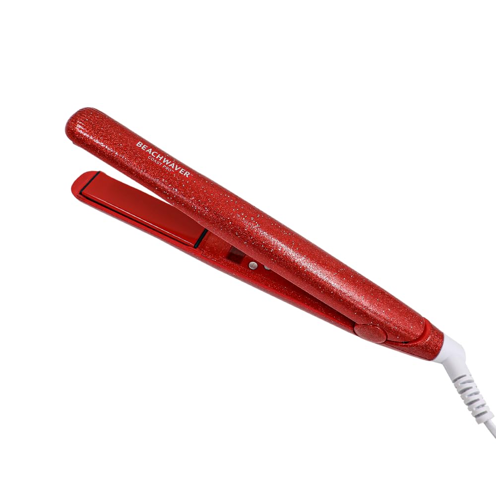 The Beachwaver Co. Coast Pro Ceramic Flat Iron - Red Glitter | 1-Inch Ceramic Plates for Fast Styling & Frizz Reduction, Auto Shut-Off | Professional Hair Straightener for All Hair Types | BWFLREDG