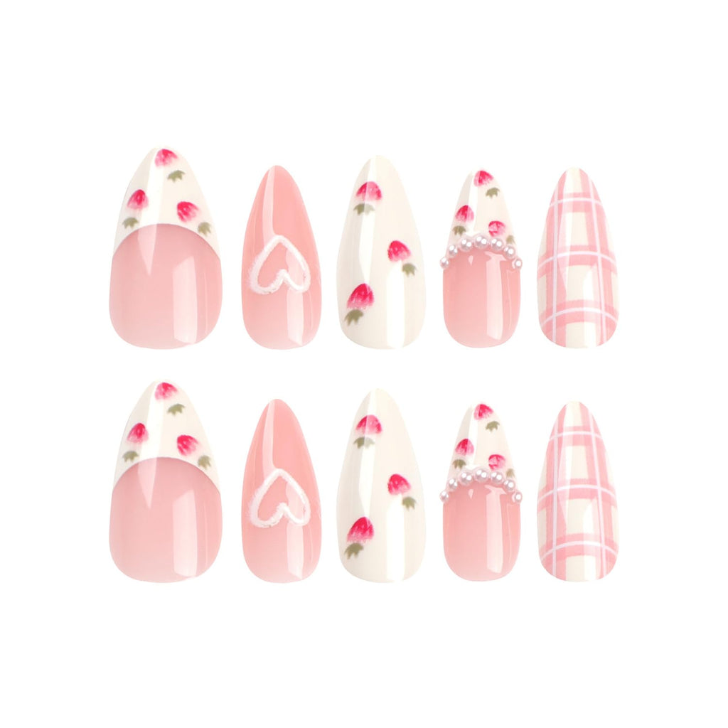 Press On Alcove - Cute Strawberry 3D Love Heart & Pearl Design False Nails: Medium Almond, Artificial Acrylic, Full Coverage, Reusable Coffin, Glue On Nails for Women