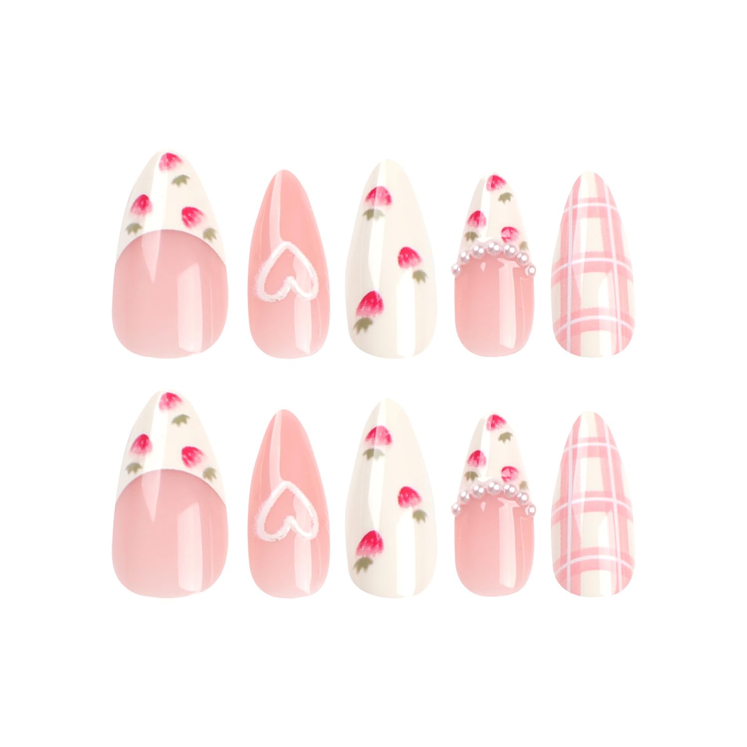 Press On Alcove - Cute Strawberry 3D Love Heart & Pearl Design False Nails: Medium Almond, Artificial Acrylic, Full Coverage, Reusable Coffin, Glue On Nails for Women
