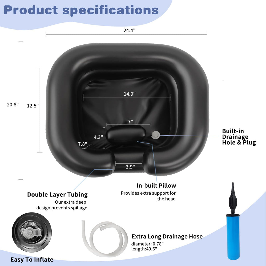 Inflatable Shampoo Basin, Portable Shampoo Bowl with Neck Support and Drain Hose for bedridden People, Portable Shampoo Sink for The Elderly, Disabled, Pregnant Women, Injured People (Black)
