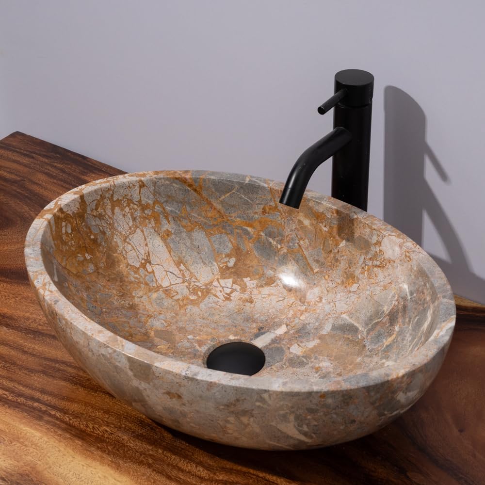 Oval-Shaped Golden - Gray Marble Vessel Sink for Bathroom – 19" × 15" × 6"