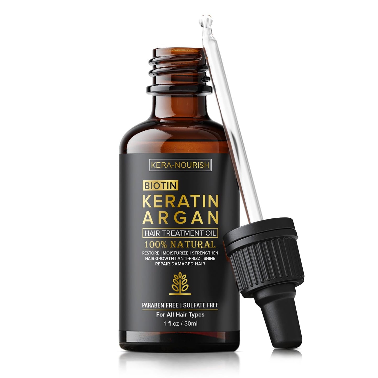 Huile de croissance capillaire KERA-NOURISH à la vitamine E, au collagène, à la biotine, à la kératine, à l'argan et à l'huile de jojoba pour cheveux crépus, bouclés, colorés et traités chimiquement, 30 ml