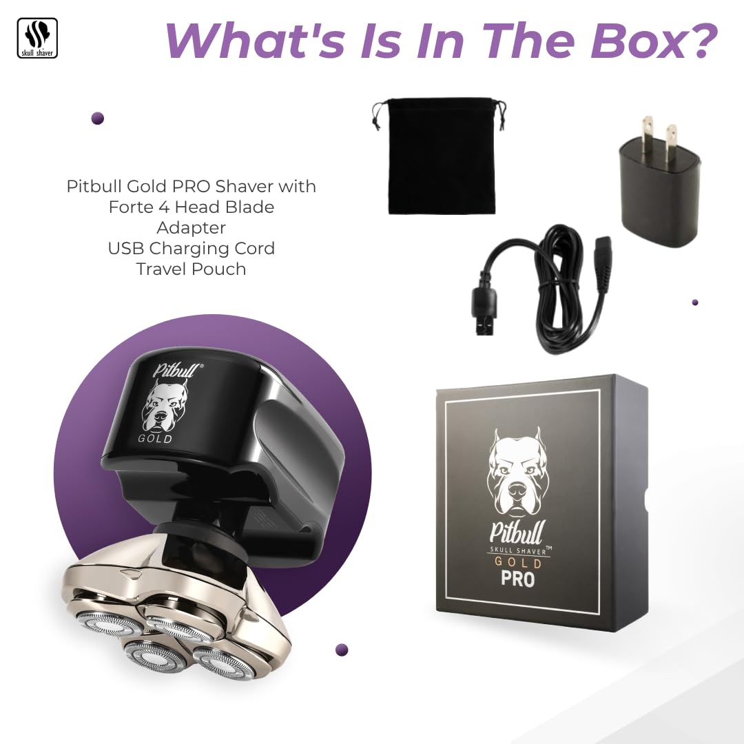Rasoir tête et visage Skull Shaver Pitbull Gold PRO : coffret cadeau pour homme, rasoir électrique 5 en 1 haut de gamme pour tête chauve, rasoir facile à utiliser à sec et humide