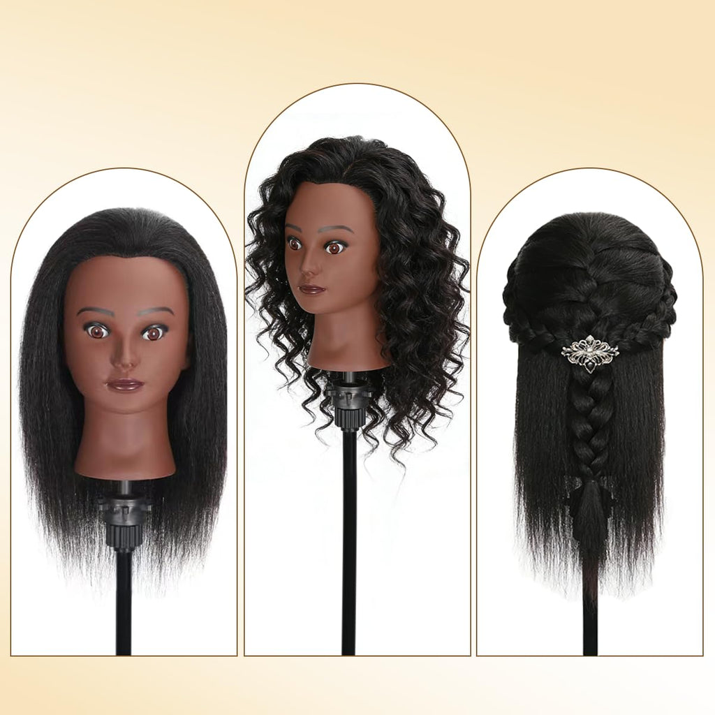 Mannequin Head with 100% Real Human Hair, Cosmetology Training Head for Hair Styling Braiding Cutting Curling, Professional Hairdresser Practice Manikin Head with Free Clamp (A01-Black-16)