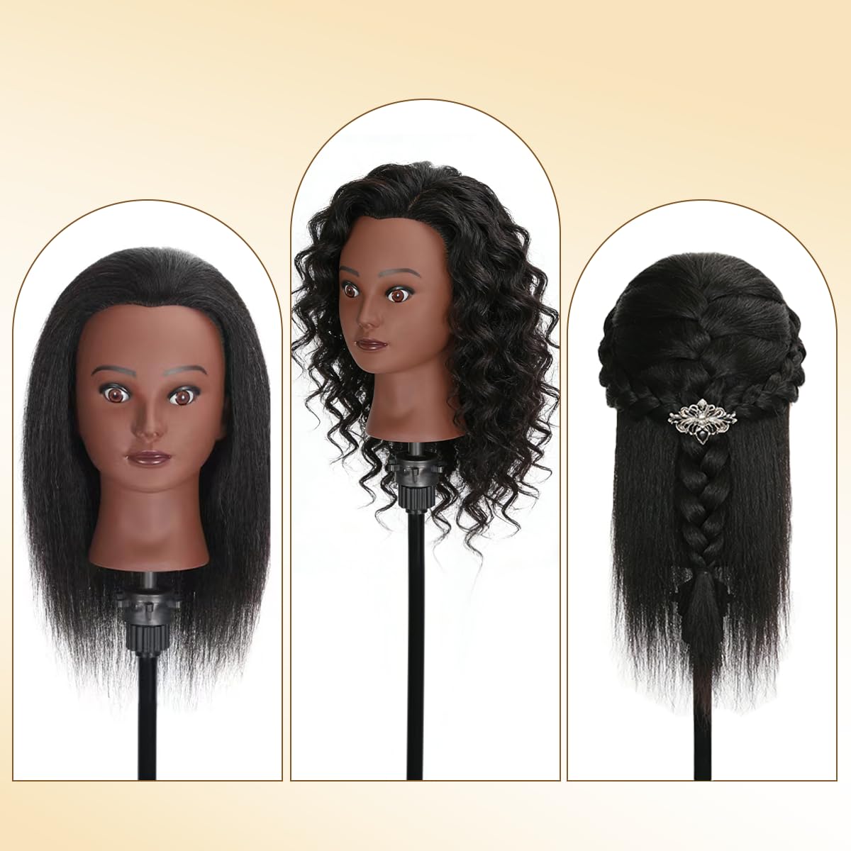 Mannequin Head with 100% Real Human Hair, Cosmetology Training Head for Hair Styling Braiding Cutting Curling, Professional Hairdresser Practice Manikin Head with Free Clamp (A01-Black-16)
