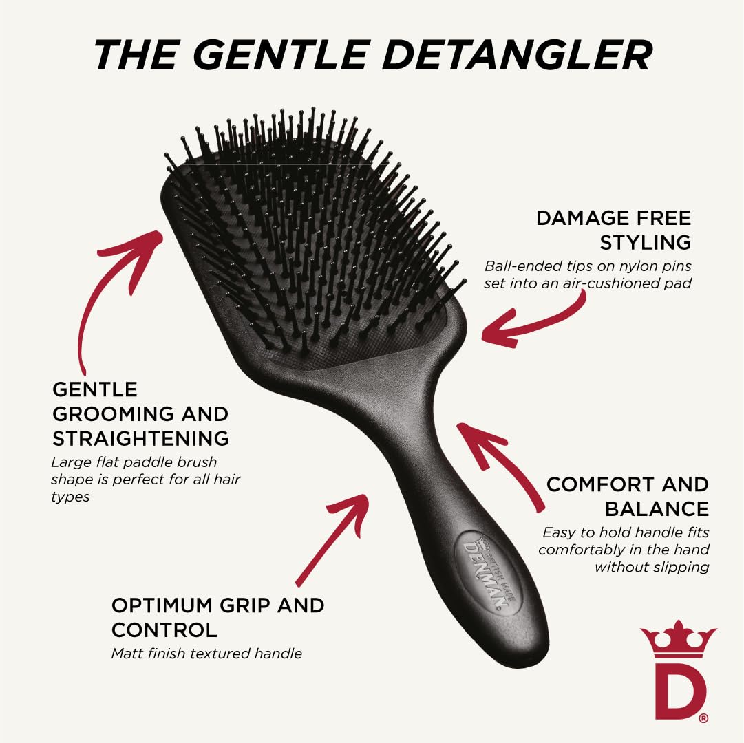 Brosse à cheveux Denman (noire) à coussinet large pour brushing et démêlage - Coiffage, lissage et lissage confortables - Pour femmes et hommes, D83