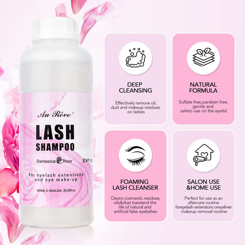 "AuReve Eyelash Extension Cleanser Lash Shampoo Foam, Eyelid Cleanser for Makeup Remover Eyelash Care, Paraben & Sulfate Free for Salon and Home Use (Rose 600ml)"