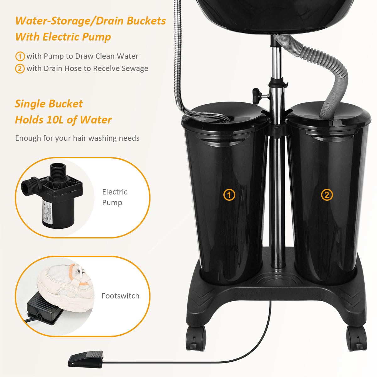 White Smoke johgee Adjustable Portable Shampoo Bowl with Electric Pump,Hair Washing Station Sink with Buckets&Drain Hoses,Portable Wash Bowl for Hairstylist,Portable Salon Sink Hair Wash Basin for Home Barber Use