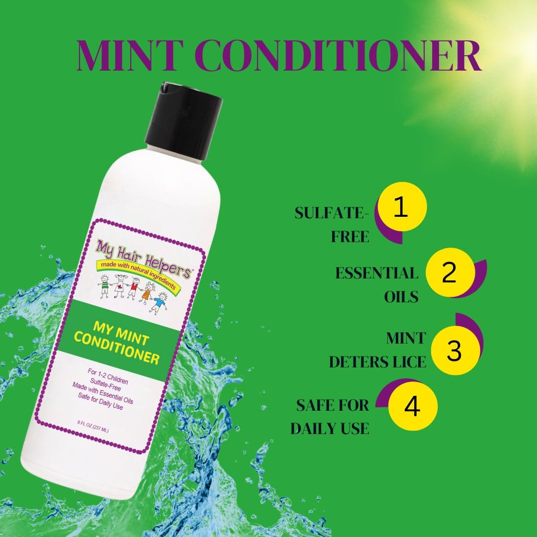 My Hair Helpers Anti Lice Prevention Shampoo and Conditioner Set for Kids, Mint, Neem, Rosemary, Daily Defense, Works on 1-2 Children, 8 Ounces Each
