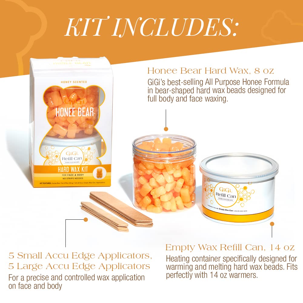 GiGi Honee Bear 脱毛硬蜡套装 - 蜂蜜香味硬蜡珠，适用于面部和身体，带补充罐和涂抹器
