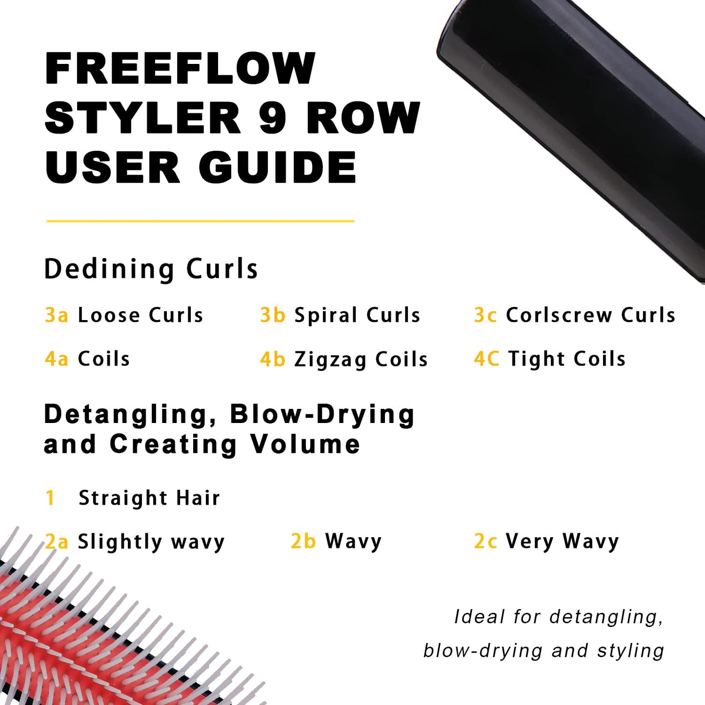 Brosse à cheveux bouclés Koeuoi Classic Styling. Brosse noire à 9 rangs pour démêler, séparer et modeler. Pour femmes et hommes, cheveux secs ou mouillés.