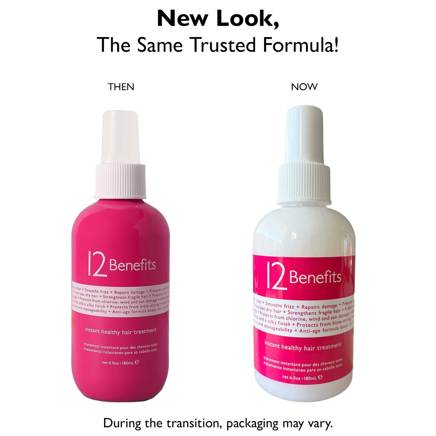 12 Benefits Instant Healthy Hair Treatment - Leave In Conditioner Spray with Quaternium 39 and Silk Fibre Protein - Smooths Frizz, Strengthens & Repairs Damaged Hair - (6 Fl Oz), Packaging May Vary