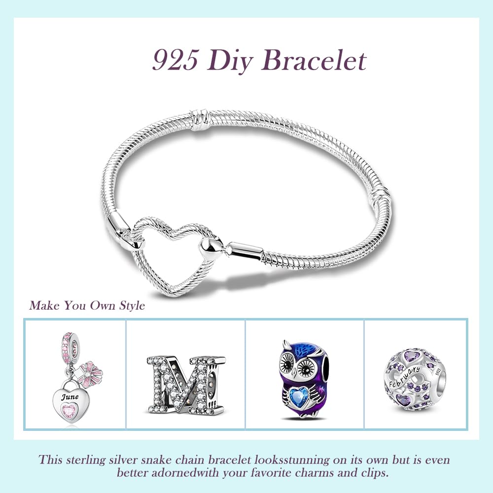 ChenYuTe 925 Sterling Silver Snake Chain Bracelet,Compatible with Pandora Charms Pendant,Heart Shape Bracelet Clasp for Womes Jewellery Gift