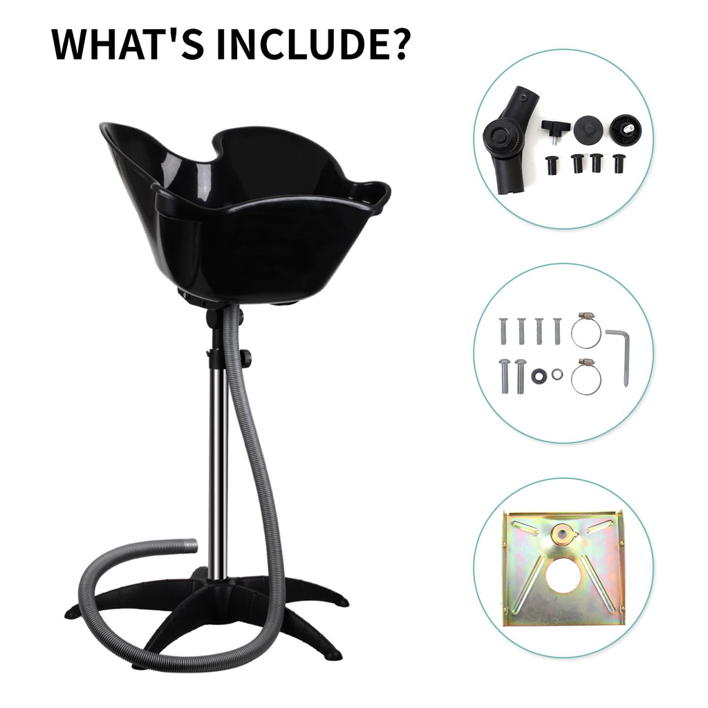 Portable Shampoo Bowl, Shampoo Basin Salon Sink with 1.5m Drain Pipe, Height & Angle Adjustable, Standing Deep Shampoo Bowl for Home/Salon Hair Washing and Cutting, Black