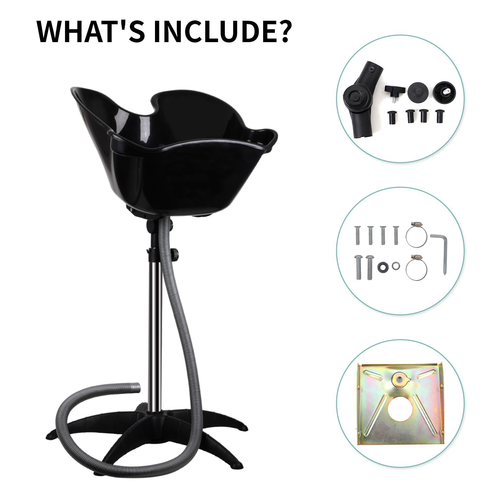 Portable Shampoo Bowl, Shampoo Basin Salon Sink with 1.5m Drain Pipe, Height & Angle Adjustable, Standing Deep Shampoo Bowl for Home/Salon Hair Washing and Cutting, Black