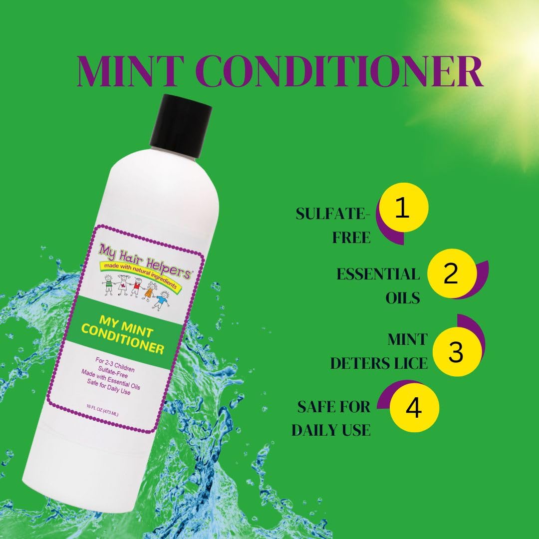 My Hair Helpers Lice Prevention Conditioner, Mint, Neem, Rosemary and Tea Tree Oil, Sulfate-Free, 16 Ounces, Works for 2-3 Kids