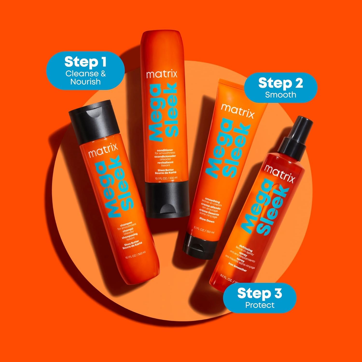 Matrix Mega Sleek Shampoo and Conditioner Set | Smoothing, Anti-Frizz, Detangling | For Dry, Damaged & Frizzy Hair | Nourishes with Shea Butter | Vegan