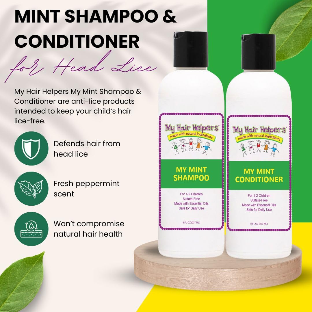 My Hair Helpers Anti Lice Prevention Shampoo and Conditioner Set for Kids, Mint, Neem, Rosemary, Daily Defense, Works on 1-2 Children, 8 Ounces Each