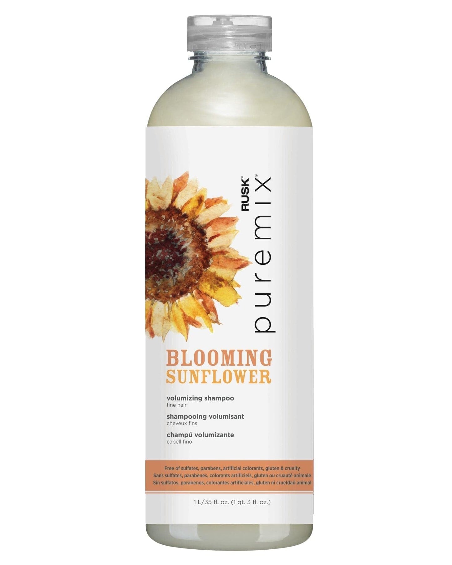 Shampooing volumateur RUSK Puremix Blooming Sunflower, sublime le corps naturel, apporte hydratation et brillance, 35 oz liq.