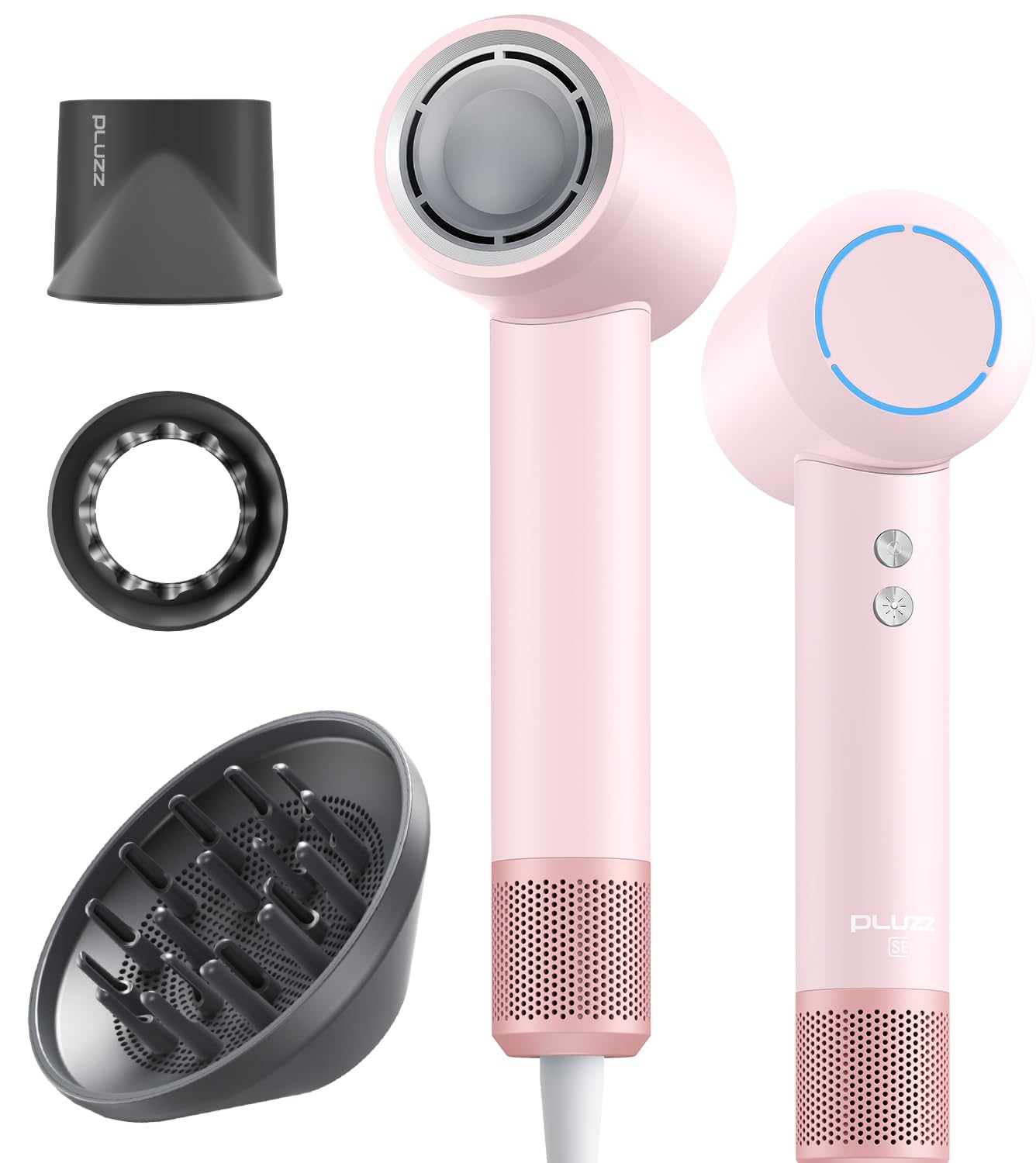 Ensemble de sèche-cheveux Pluzz, rose, 110 000 tr/min, 1 600 W, haute vitesse, pour femmes et enfants, séchage rapide, faible bruit, ionique, avec diffuseur, pour cheveux bouclés, petit et léger, pour la maison et les voyages.