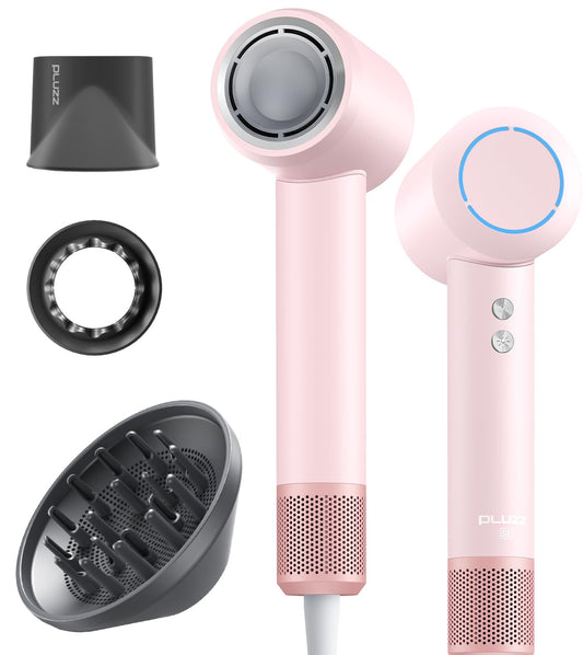 Ensemble de sèche-cheveux Pluzz, rose, 110 000 tr/min, 1 600 W, haute vitesse, pour femmes et enfants, séchage rapide, faible bruit, ionique, avec diffuseur, pour cheveux bouclés, petit et léger, pour la maison et les voyages.