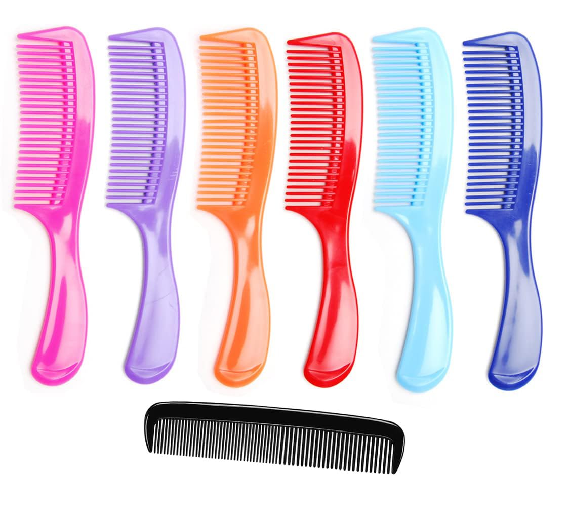 LUXXII - (6 Pack) 8" Colorful Styling Essentials Round Handle Comb and (1 Pack) 5" Favorict Pocket Comb (A)