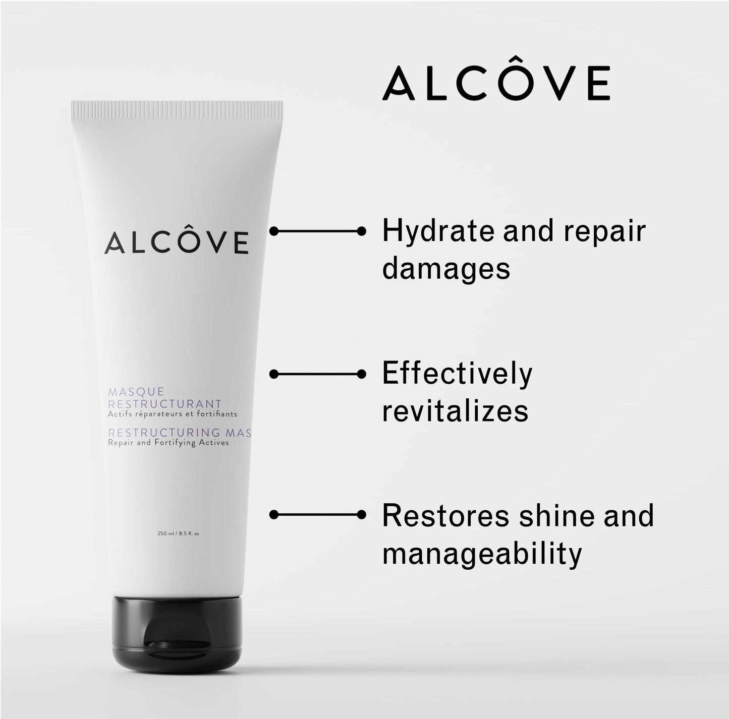 Alcôve - Masque Restructurant - Revitalise et facilite le coiffage - Masque capillaire revitalisant en profondeur à base d'huiles d'avocat et de moringa - Hydrate, répare et fortifie les cheveux abîmés - Sans danger pour la couleur - Vegan - 240 g