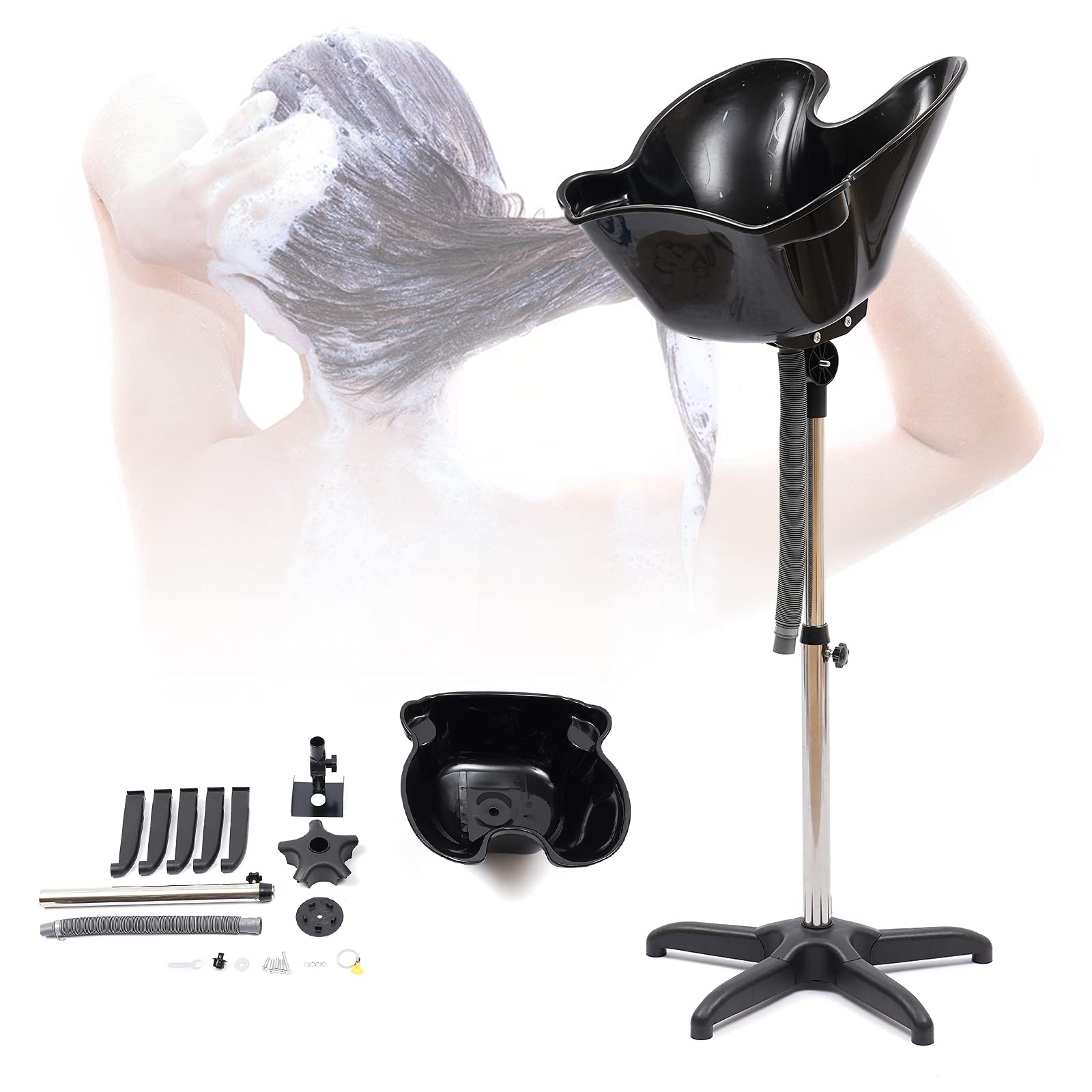 Shampoo Bowl Portable Salon Sink with Adjustable Height and Drain, Hair Washing Basin Salon Chair Barber Deep Bowl with Drain Hose