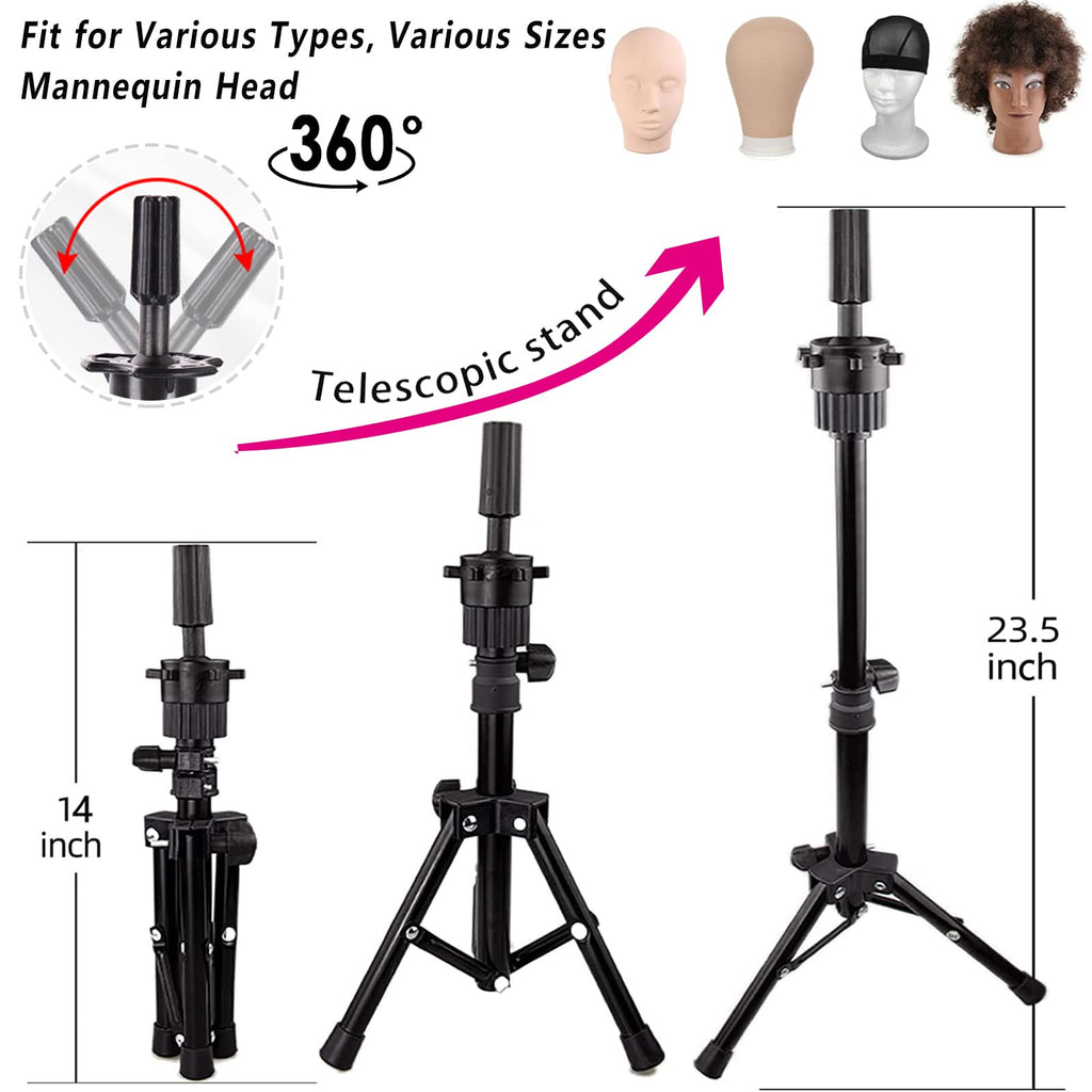 LUNGCYX 23Inch Wig Stand Tripod,Canvas Wig Head Stand Mannequin Head Foldable Wig Stand Set for Making Display with Table Clamp,Wig Cap & T Pins