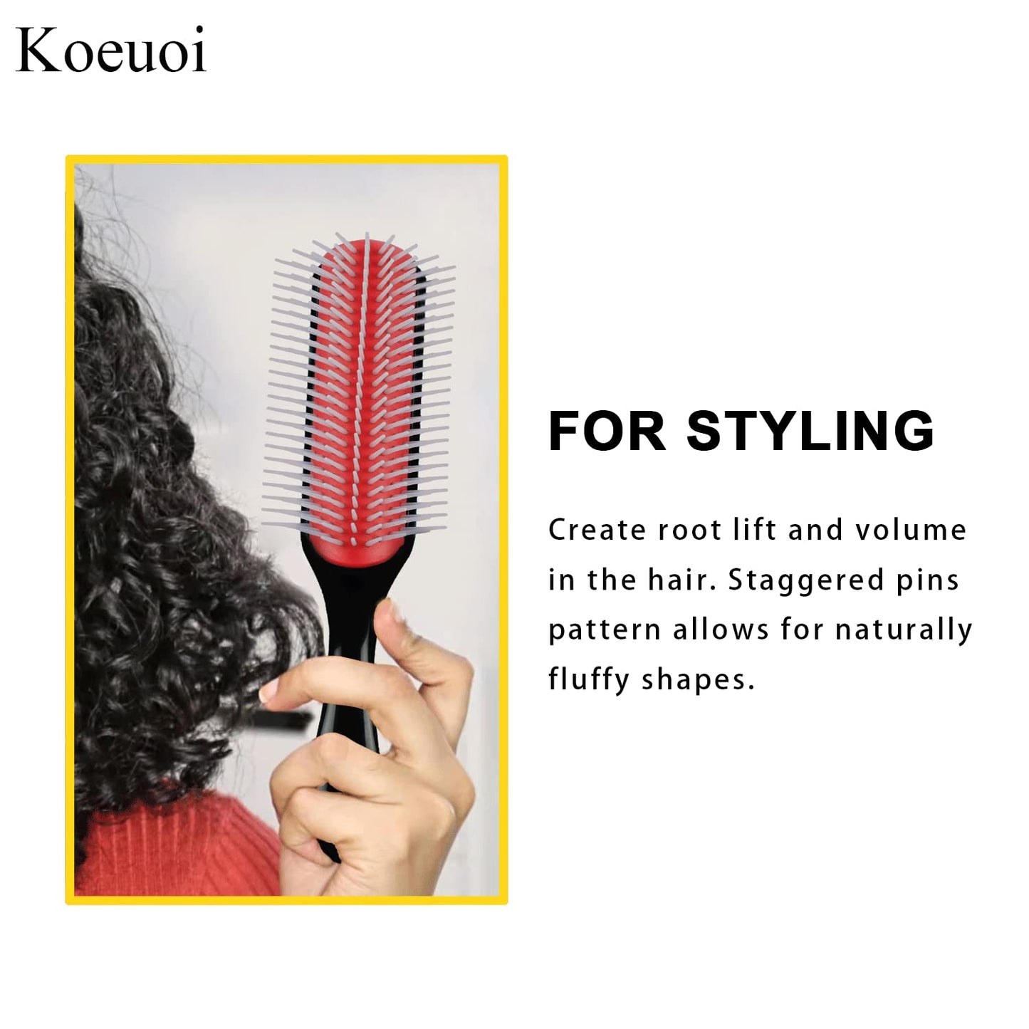 Brosse à cheveux bouclés Koeuoi Classic Styling. Brosse noire à 9 rangs pour démêler, séparer et modeler. Pour femmes et hommes, cheveux secs ou mouillés.