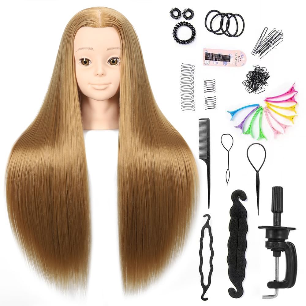 White Smoke Mannequin Head with Colorful Hair – 28" Long Straight Synthetic Hair Training Head with Clamp for Styling, Braiding, and Dye Practice (Blonde)