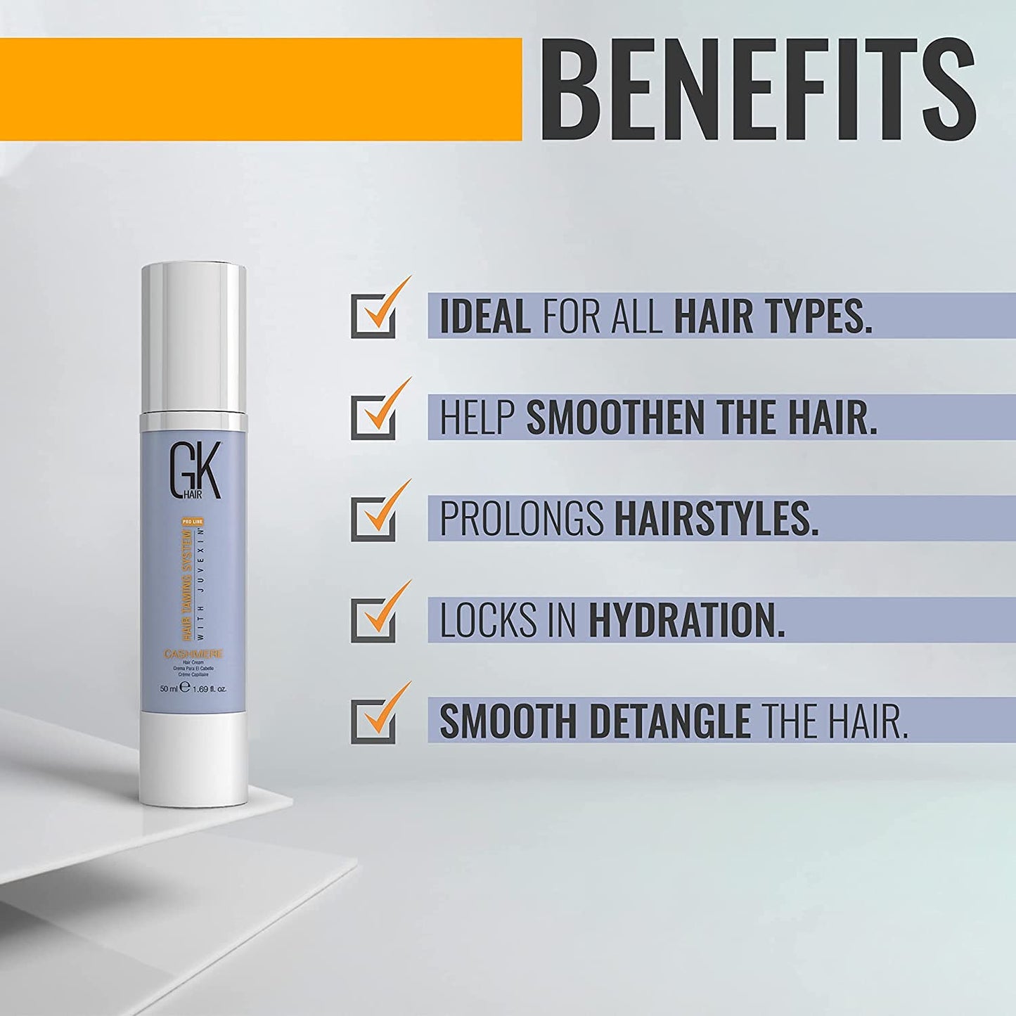 Crème coiffante et lissante sans rinçage GK HAIR Global Keratin Cashmere (50 ml) Huile d'argan pour une brillance lisse et anti-frisottis, hydrate et répare les cheveux secs, abîmés et difficiles à coiffer