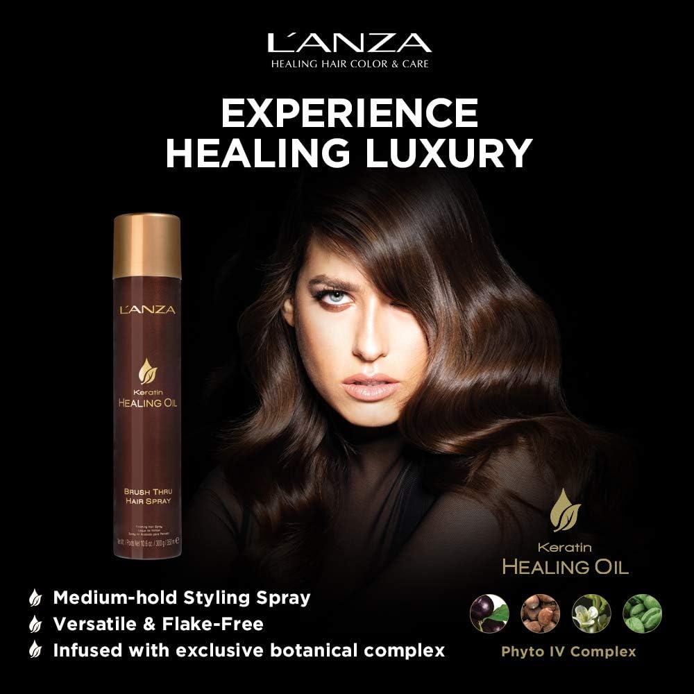 L'ANZA Keratin Healing Oil Brush Thru Hair Spray with Medium Hold Effect, For a Shiny Finishing and a Long-lasting Look, With Triple UV and Heat Protection, Suitable For All Hair Types (10.6 Fl Oz)