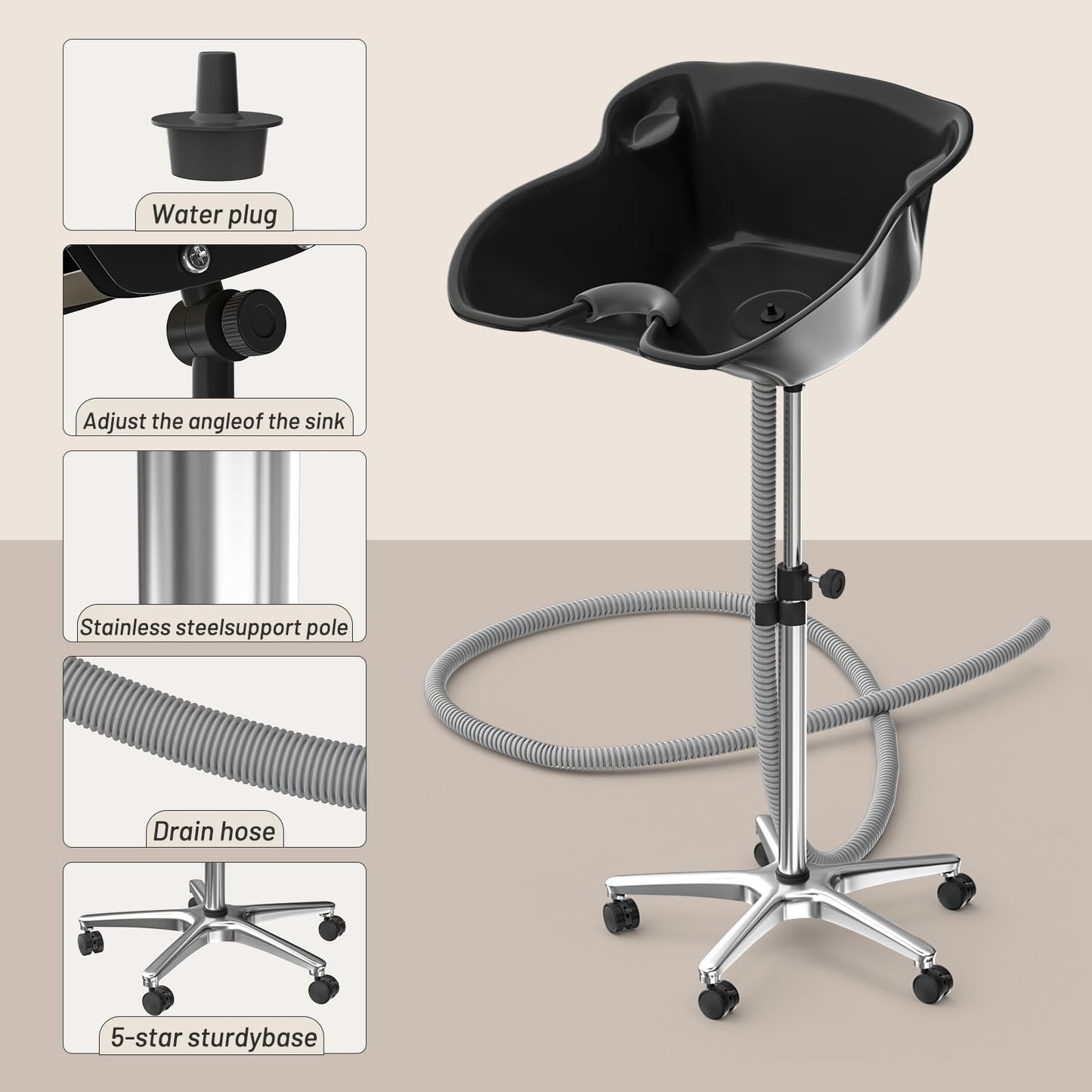 Height Angle Adjustable Portable Shampoo Basin Hair Washing Sink Shampoo Bowl for Home and Salon, 118.11” Drain Hose, Stainless Steel Base, Lockable Wheels