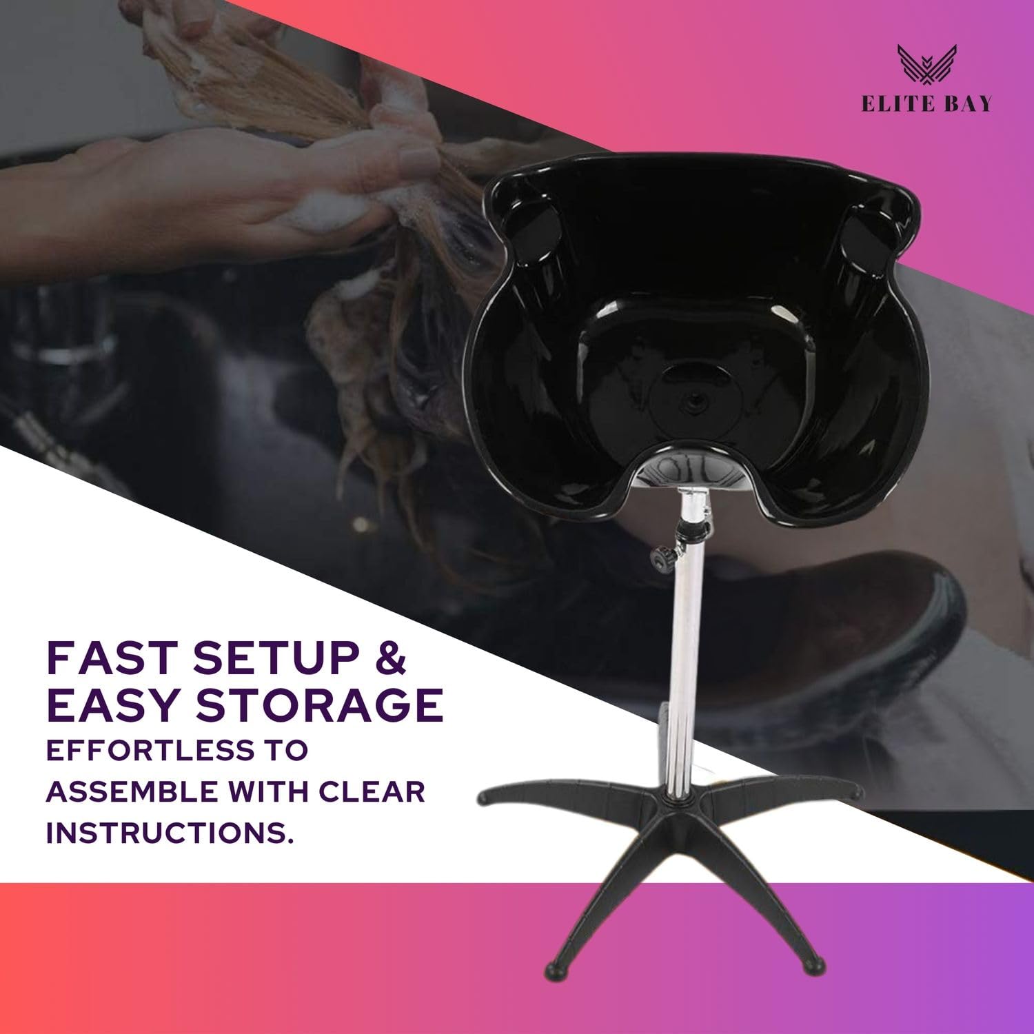 ELITE BAY Hairwashing Sink – Engineerd for Comfort,Salon,barber and beauty studios .Built with durability,ergonomics and modren aesthetics in mind. Adjustable (92–130cm) heavy duty stand and basin.
