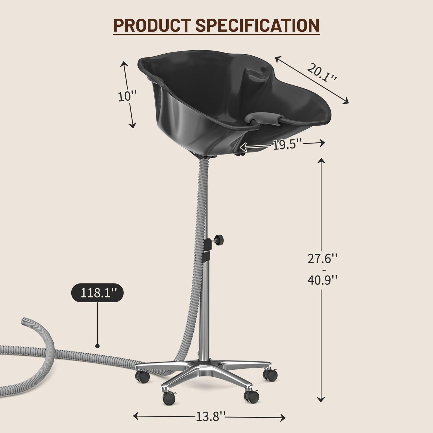 Height Angle Adjustable Portable Shampoo Basin Hair Washing Sink Shampoo Bowl for Home and Salon, 118.11” Drain Hose, Stainless Steel Base, Lockable Wheels