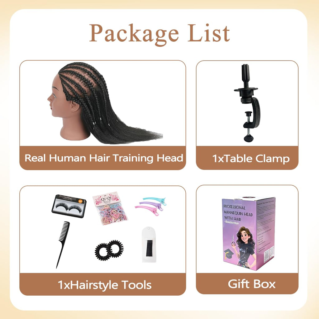 Mannequin Head with 100% Real Human Hair, Cosmetology Training Head for Hair Styling Braiding Cutting Curling, Professional Hairdresser Practice Manikin Head with Free Clamp (A01-Black-16)
