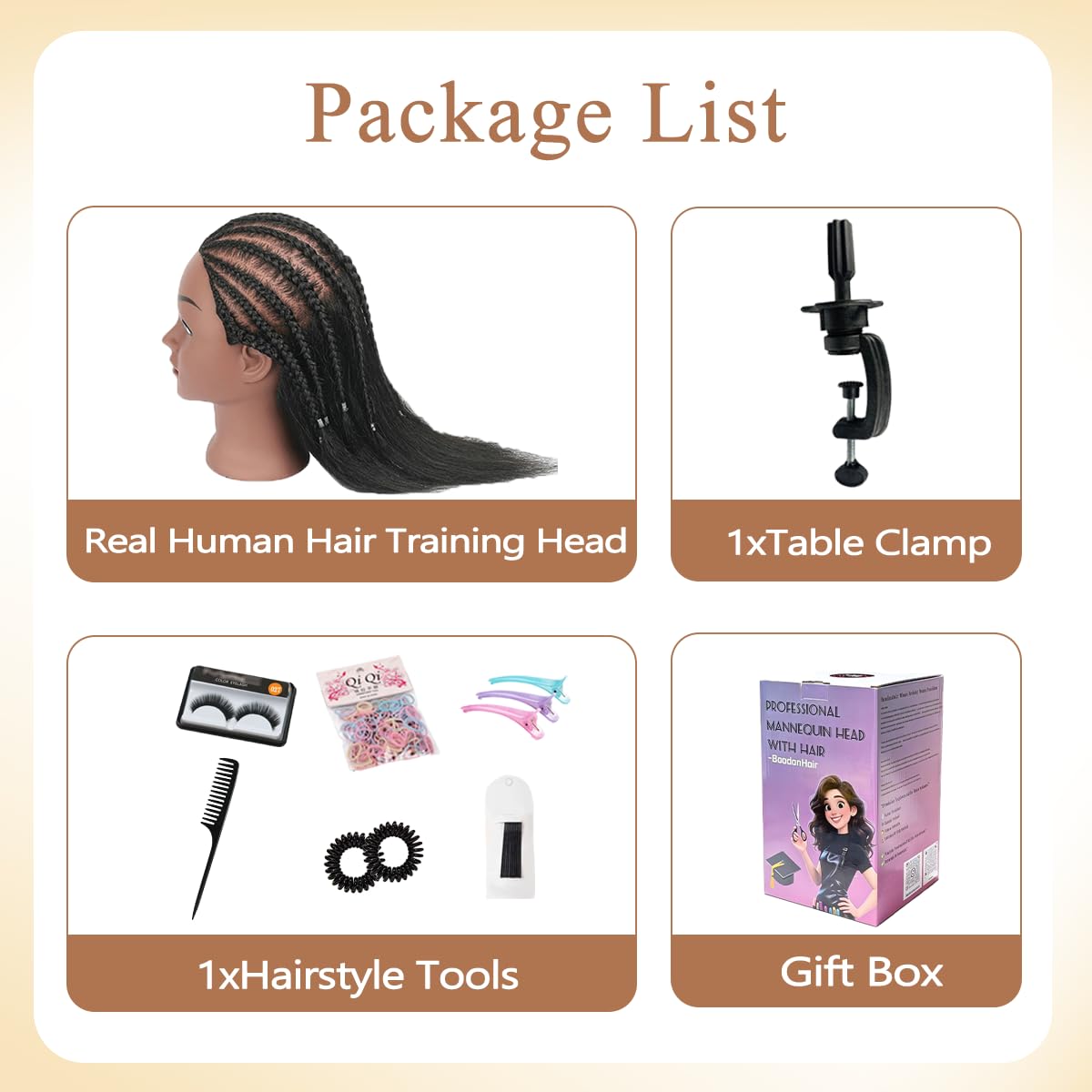 Mannequin Head with 100% Real Human Hair, Cosmetology Training Head for Hair Styling Braiding Cutting Curling, Professional Hairdresser Practice Manikin Head with Free Clamp (A01-Black-16)