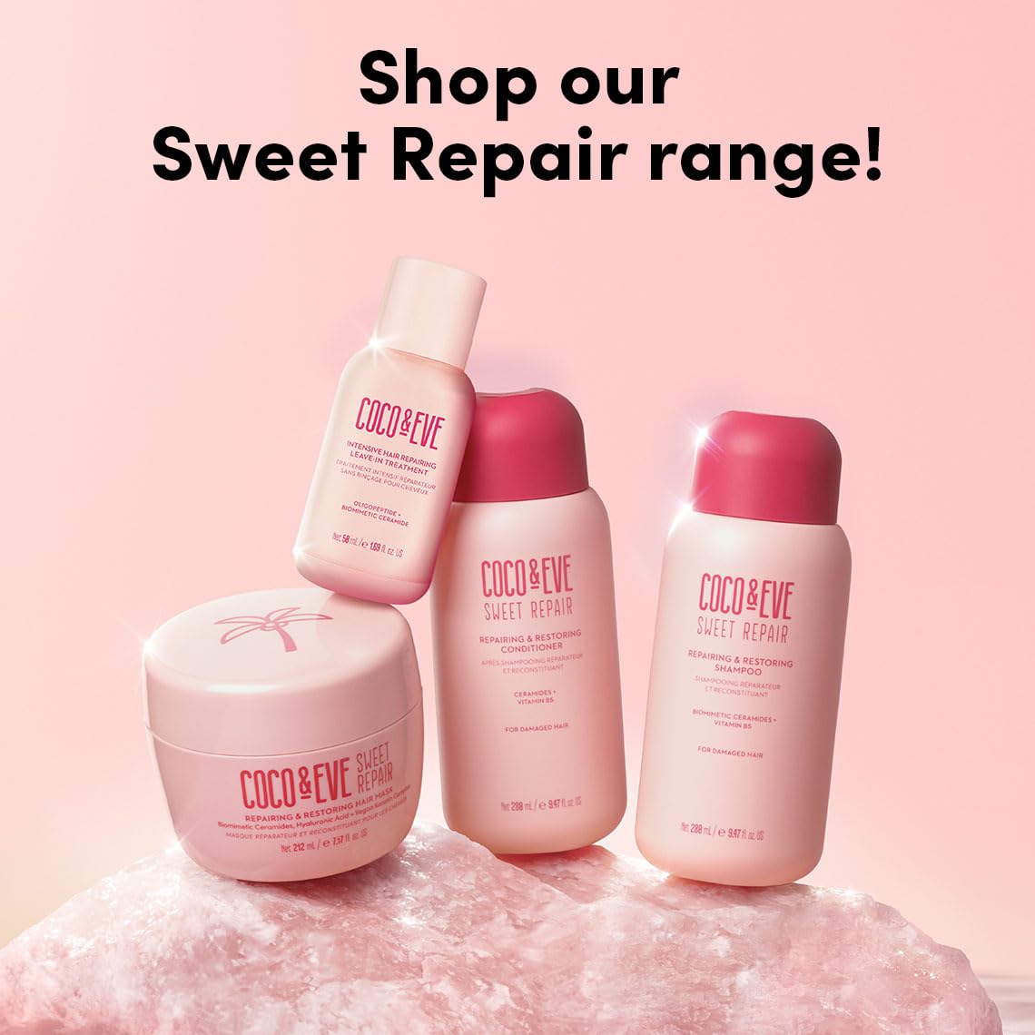 Masque capillaire réparateur et réparateur Sweet Repair de Coco &amp; Eve. Cheveux 85 % plus forts, réduction des dommages capillaires de 65 %. Céramides biomimétiques, acide hyaluronique, kératine vegan. Hydratation et brillance accrues.