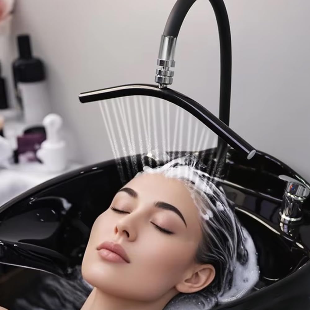 Hair Washing Equipment with Faucet for Baber Shop, Hair Salon Tools for Waterfall Outlet, Shampoo Bowl Accessories, Scalp Massag，Adjustable and Flexible, Black
