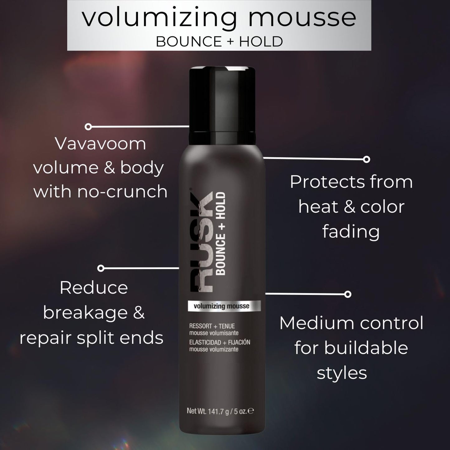 Mousse volumisante RUSK, rebond et tenue, crée un volume longue durée, augmente la douceur, le corps et la brillance, 140 g