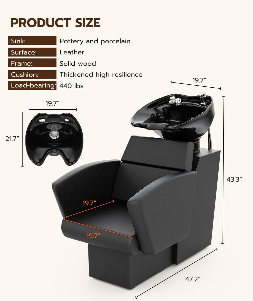 Icoget Shampoo Bowl and Chair Set for Salon, Deep Porcelain Tilting Salon Sinks for Hair Stylist, Backwash Shampoo Stations for Barber,Home, Black