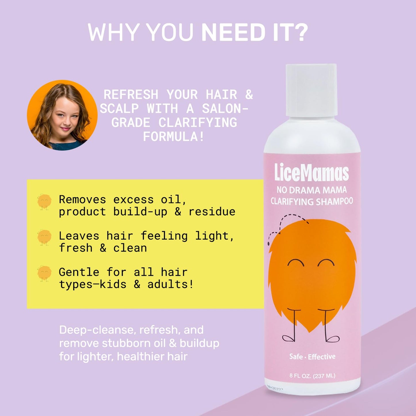 Lice Clarifying Shampoo - Deep Cleansing Anti-Lice Treatment for All Ages, Removes Build-Up & Refreshes Scalp, No Harsh Chemicals, 8 oz